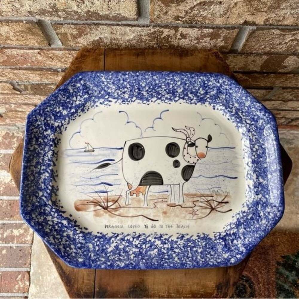 Molly Dallas Cow Platter 8 Sided Spatterware Rare Piece! Marked Mint Condition!